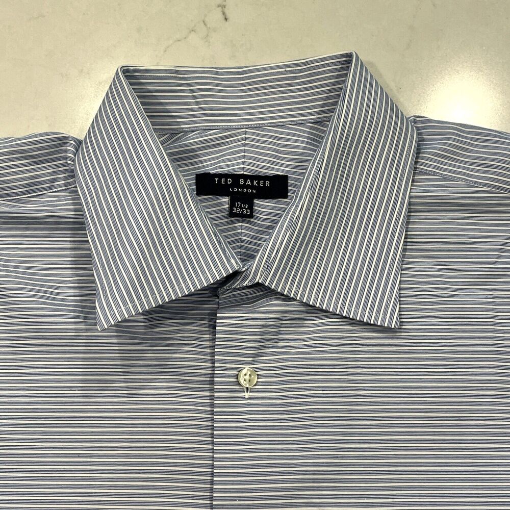 Ted Baker London Mens 17.5 32/33 Striped Long Sleeve Button‎ Down Shirt Blue Wht